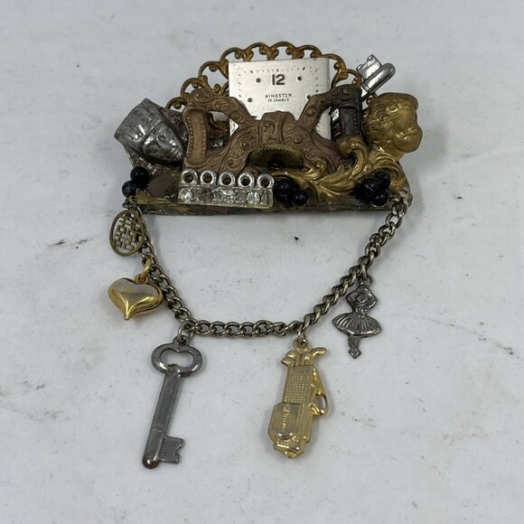 Vintage Maximal Art Collage Brooch Pin Mixed Materials Signed 80 Art Assemblage - Picture 4 of 11